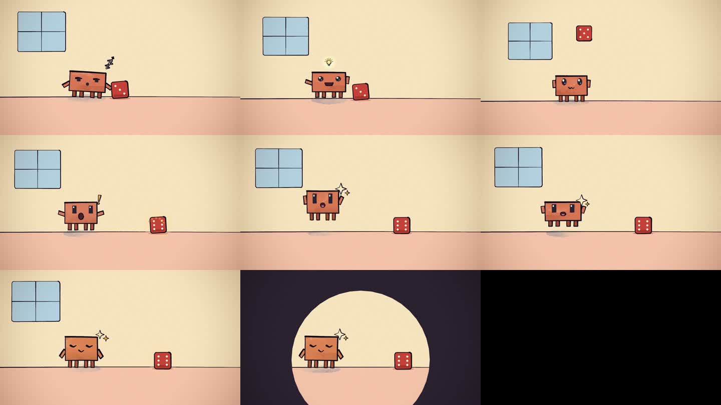 Nine frames from Always Six in a three-by-three grid, painted in soft flat colour on a cream wall above a pink floor, with a pale blue window. Clawd, a small orange rectangular creature with stubby legs, sleeps beside a red die, with a zzz above it. Then it smiles with a light bulb over its head, the die flies high, Clawd stares with an exclamation mark as the die lands showing six, jumps with sparkles, and stands with eyes closed, pleased. Last, the picture closes to a circle around Clawd and the die, then to black.