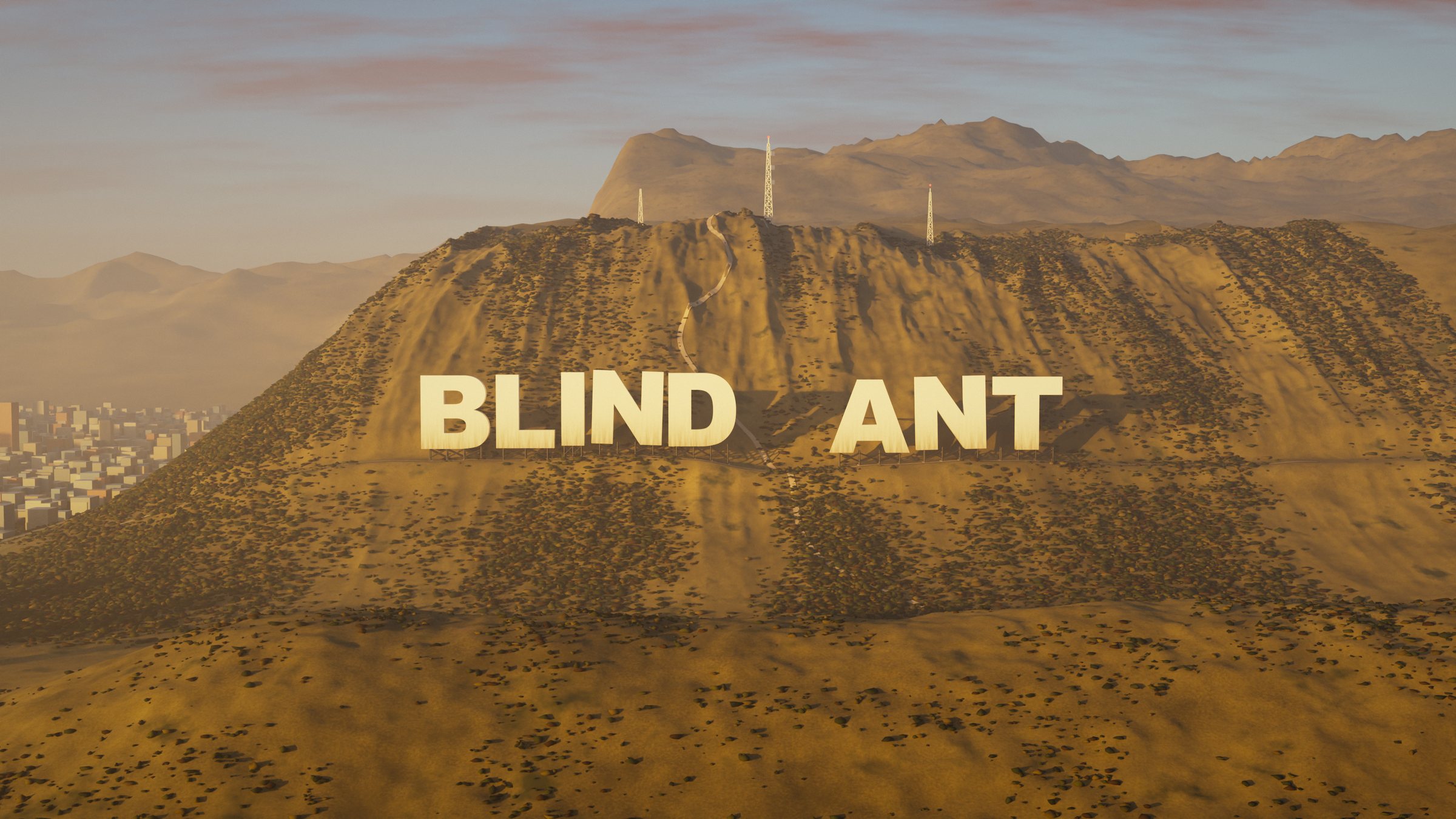 The BLIND ANT sign on its hillside, a 3D render. Its full description is the wall label above.